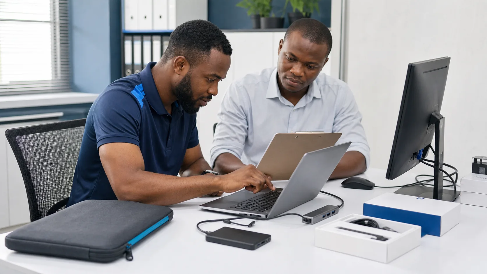 Technology professional configuring a business laptop while a user reviews the setup and handover checklist