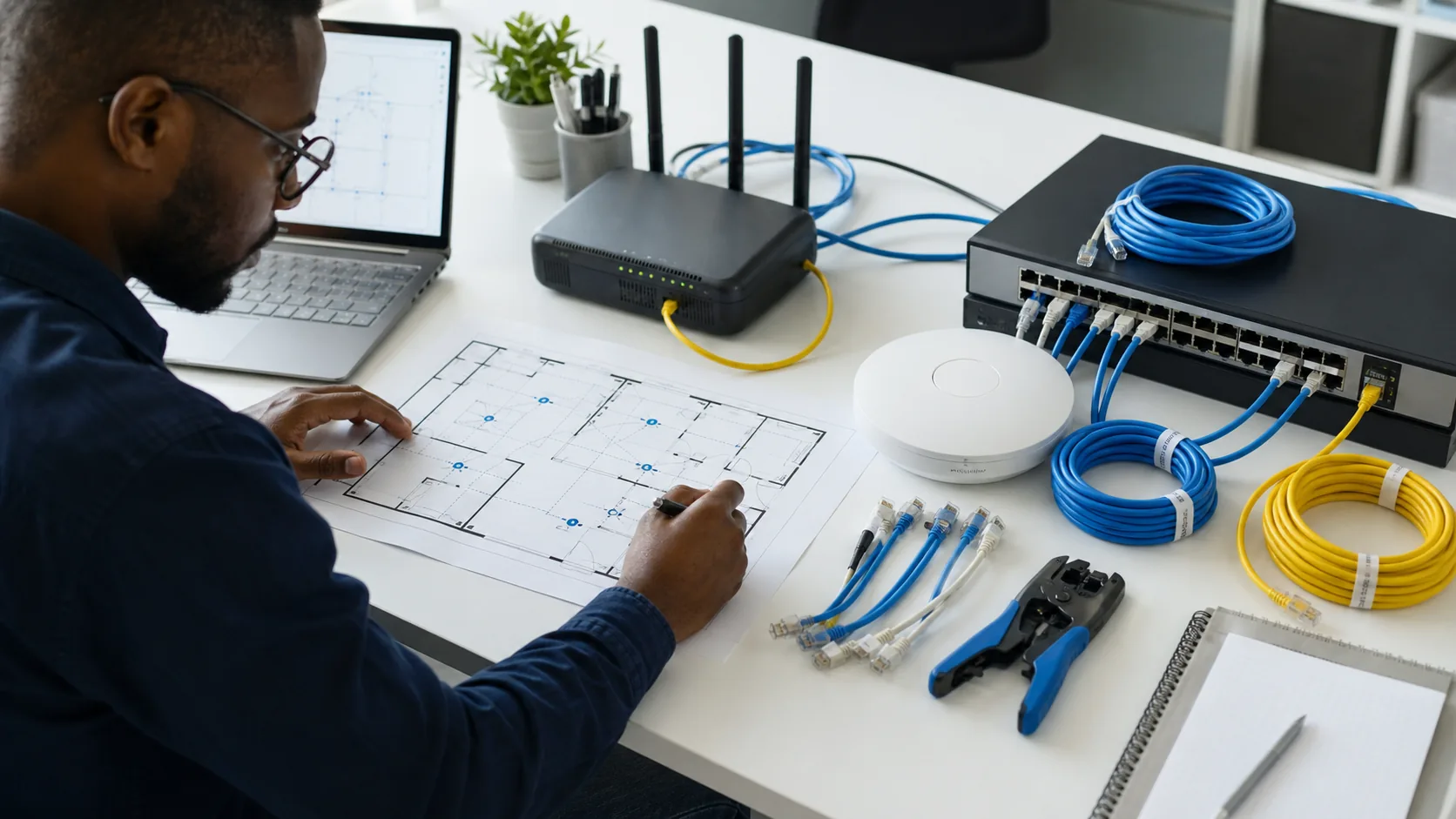 Technology professional planning wireless coverage with a laptop, router, switch, access point and network cables