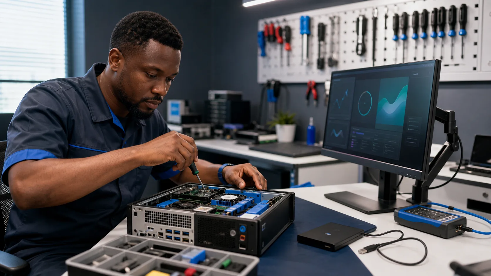 Support technician diagnosing a desktop computer with safe tools, a cable tester and a disconnected backup drive