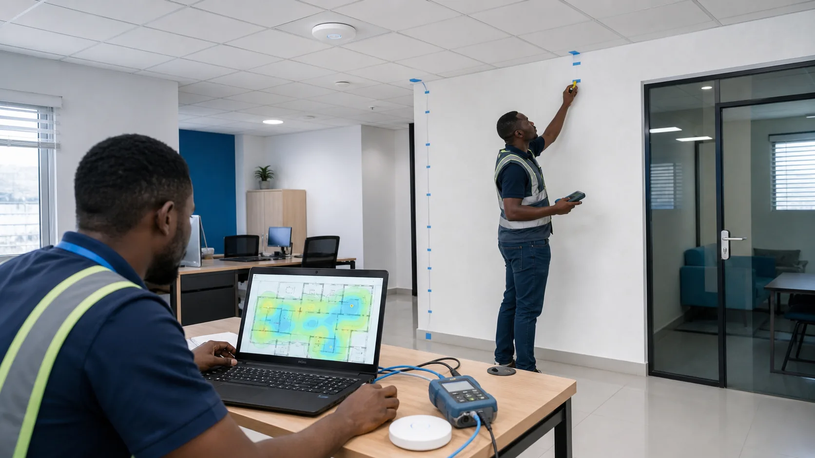 Two network professionals conducting an office Wi-Fi survey with a floor-plan heatmap and signal tester
