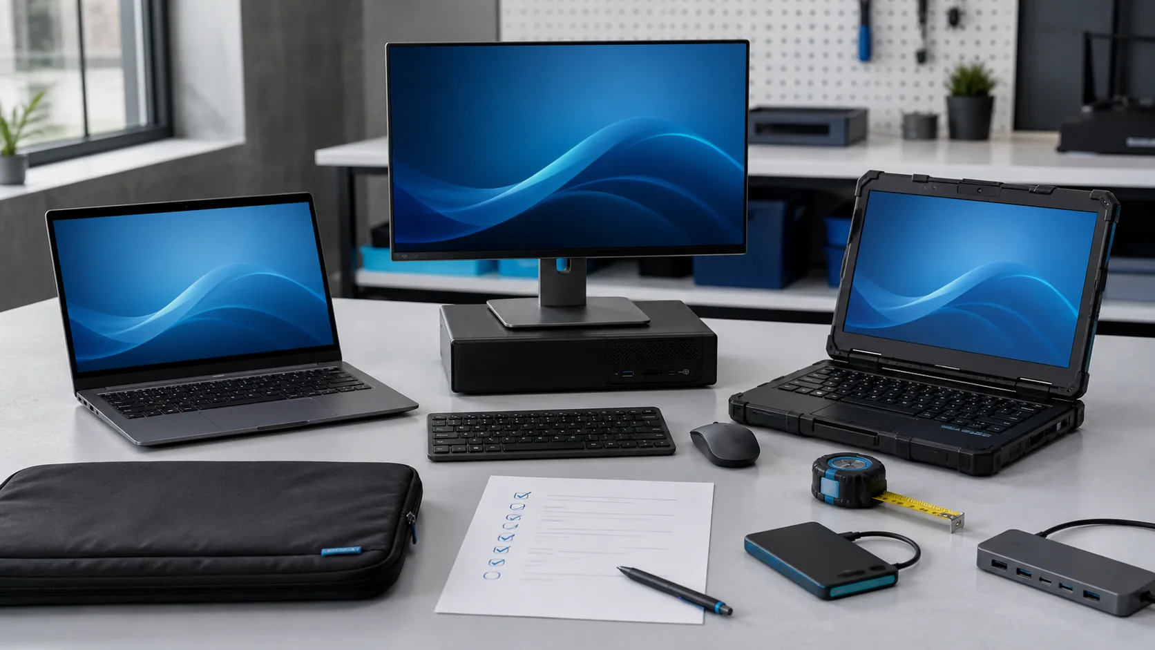 Business laptop, compact desktop and durable mobile computer arranged with a requirements checklist, dock and backup drive